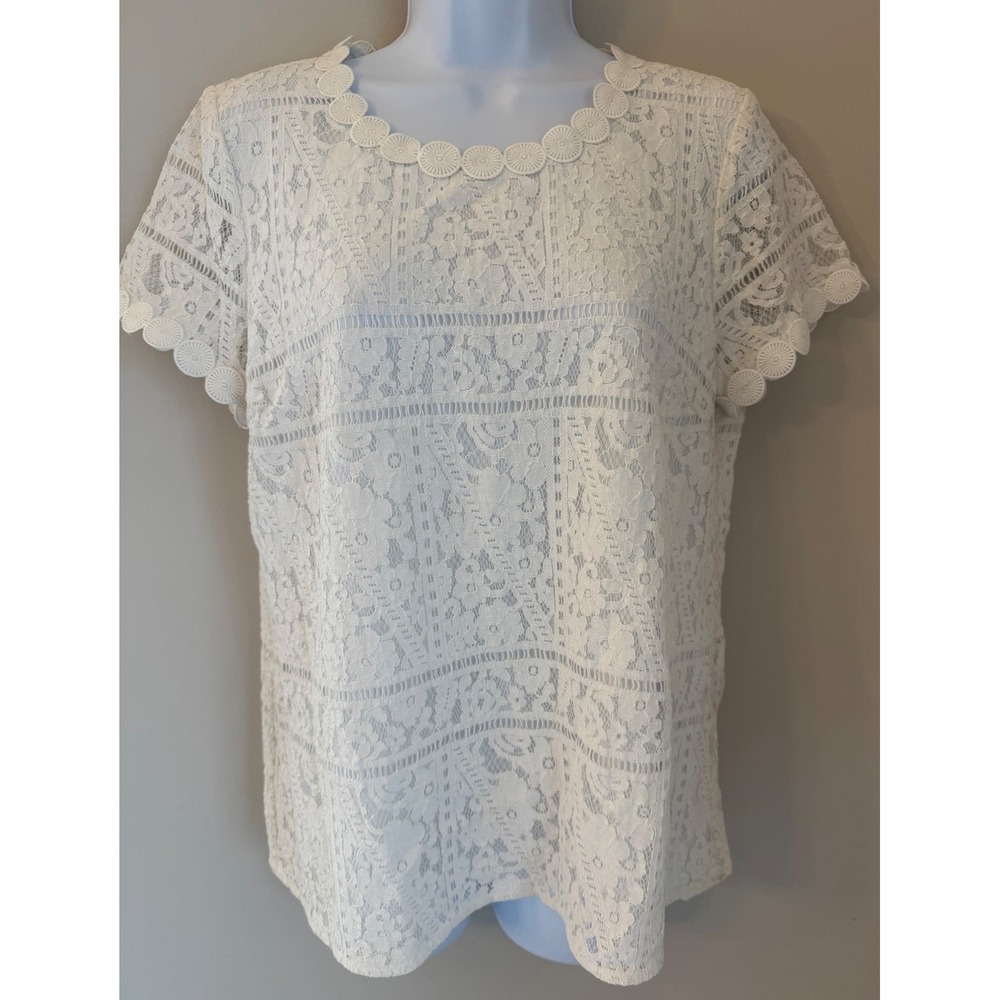 Karl Lagerfeld Paris Blouse 10 White Floral Lace Crochet Trim Short Sleeve Top